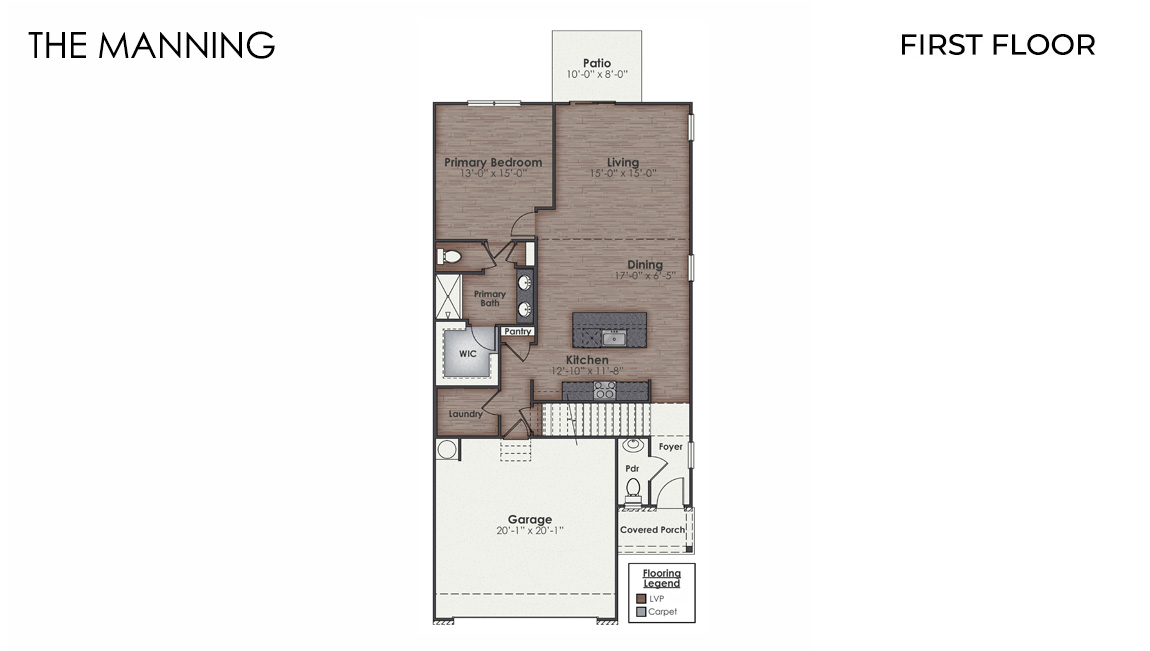 The Manning is a 4-bedroom, 2.5-bathroom, 2,203 sq ft home with a 2-car garage, and it has the owner's suite on the main level. Entering the great room we find the dining area, family room and a wonderful cook's kitchen are all together for open living.