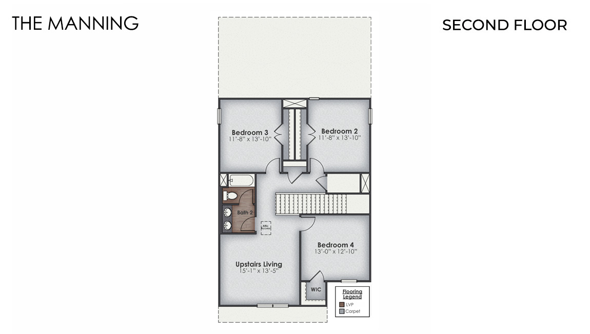 The Manning is a 4-bedroom, 2.5-bathroom, 2,203 sq ft home with a 2-car garage, and it has the owner's suite on the main level. Entering the great room we find the dining area, family room and a wonderful cook's kitchen are all together for open living.