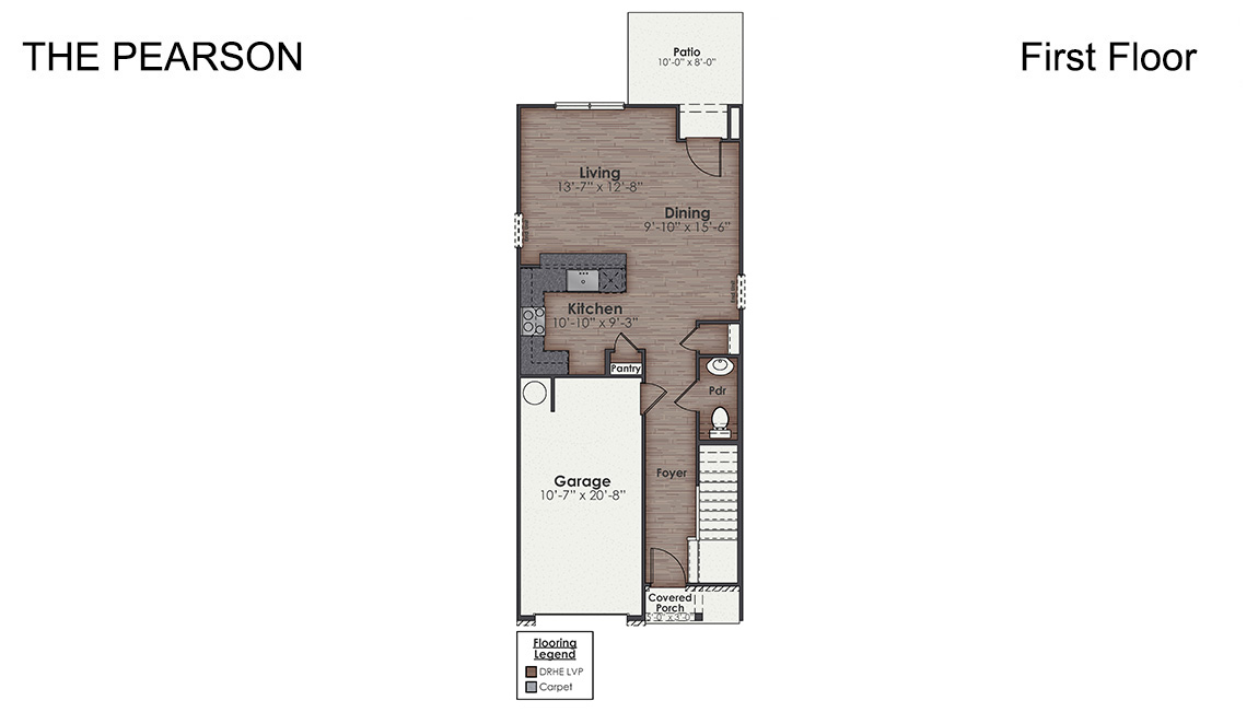 The Pearson is a 3 bedroom, 2.5 bath, 1,418 square feet, two-story floor plan with a single-car garage.