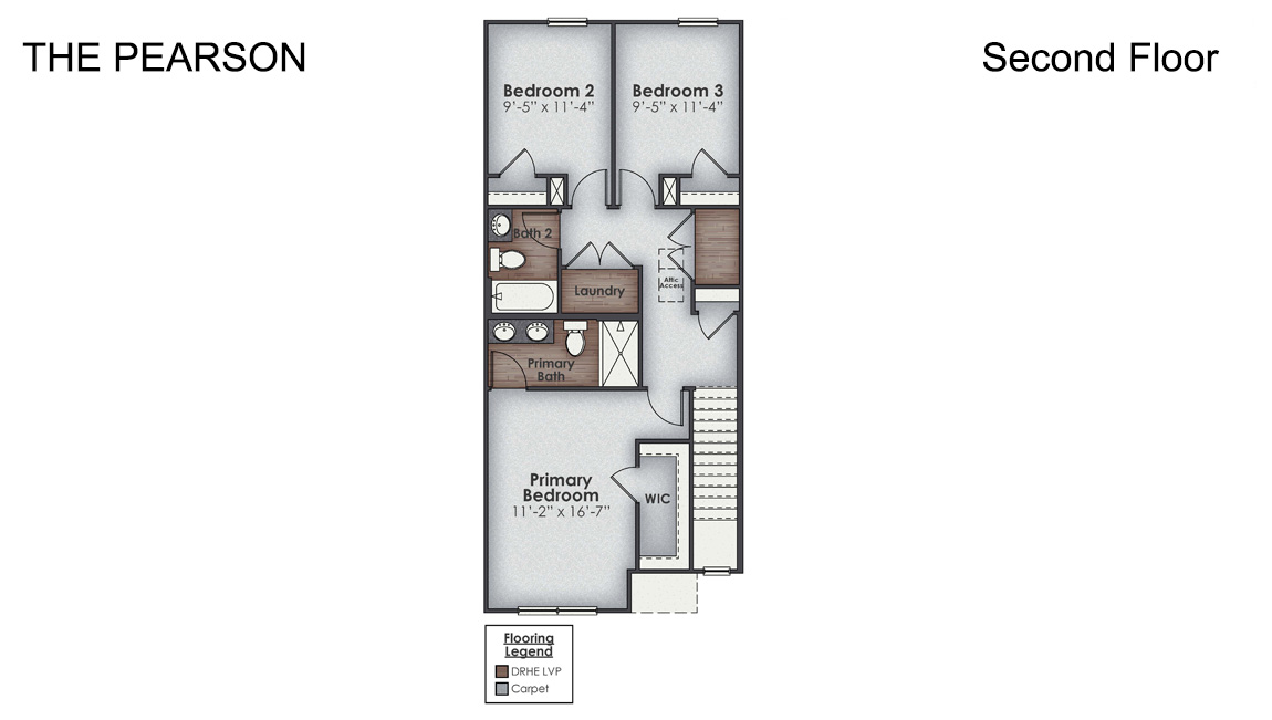 The Willows at Blake Farm in Wilmington, North Carolina. The Pearson is a 3 bedroom, 2.5 bath, 1,418 square feet, two-story floor plan with a single-car garage.