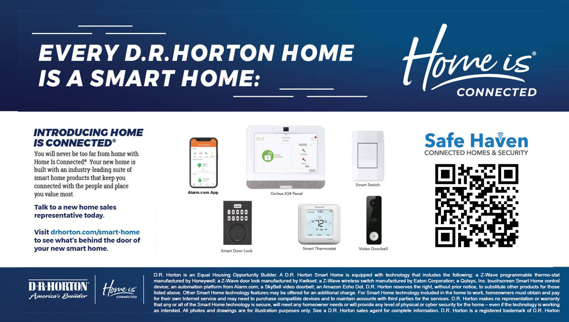 Home Is Connected® Smart Home Technology is included in your new home and comes with an industry-leading suite of smart home products including touchscreen interface, video doorbell, front door light, z-wave t-stat, & door lock all controlled by smartphone app with voice!