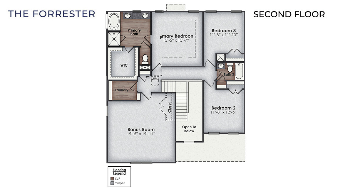 Our prized Forrester floorplan is located in our Blake Farm community in Wilmington, North Carolina. This floorplan is designed for kitchen lovers and entertainers. Inside this 4 bedroom, 3 bathroom home, you’ll find 2,644 square feet of comfortable living.