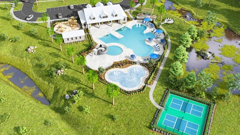 The amenity center will include a swimming pool, multi-sport court, and fire pit, ensuring a well-rounded and enjoyable living experience.