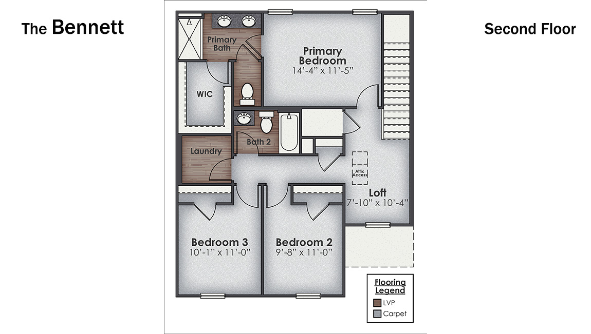 The Bennet floorplan is available in our Blake Farm community in Wilmington, North Carolina. This charming layout features an open-concept main level.