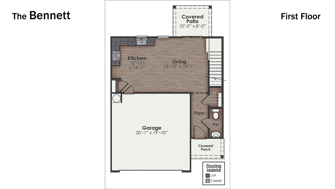 The Bennet floorplan is available in our Blake Farm community in Wilmington, North Carolina. This charming layout features an open-concept main level.