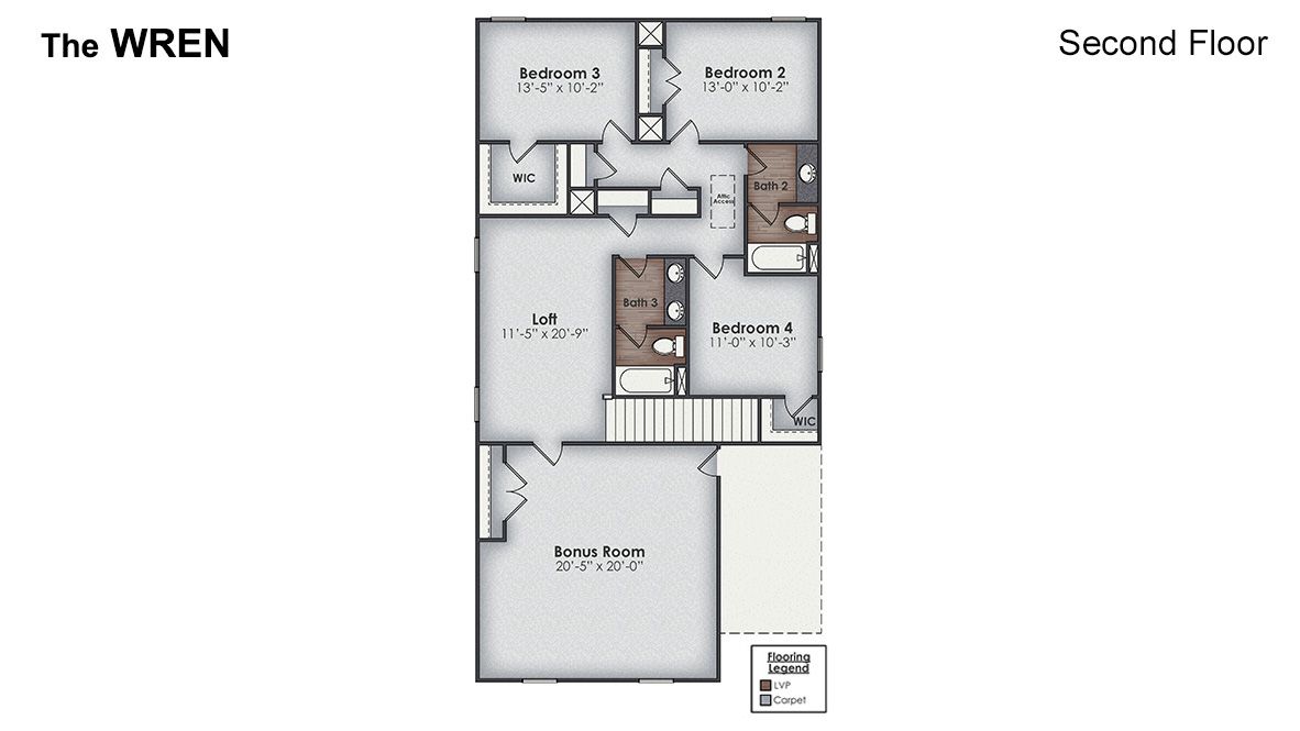 The Wren is one of our two-story floorplans featured in our Pines at Blake Forest community in Wilmington, North Carolina. With 2 modern exteriors to choose from, the Hayden is sure to turn heads. To top it off, its one of our floorplans that offers a 2-car garage.