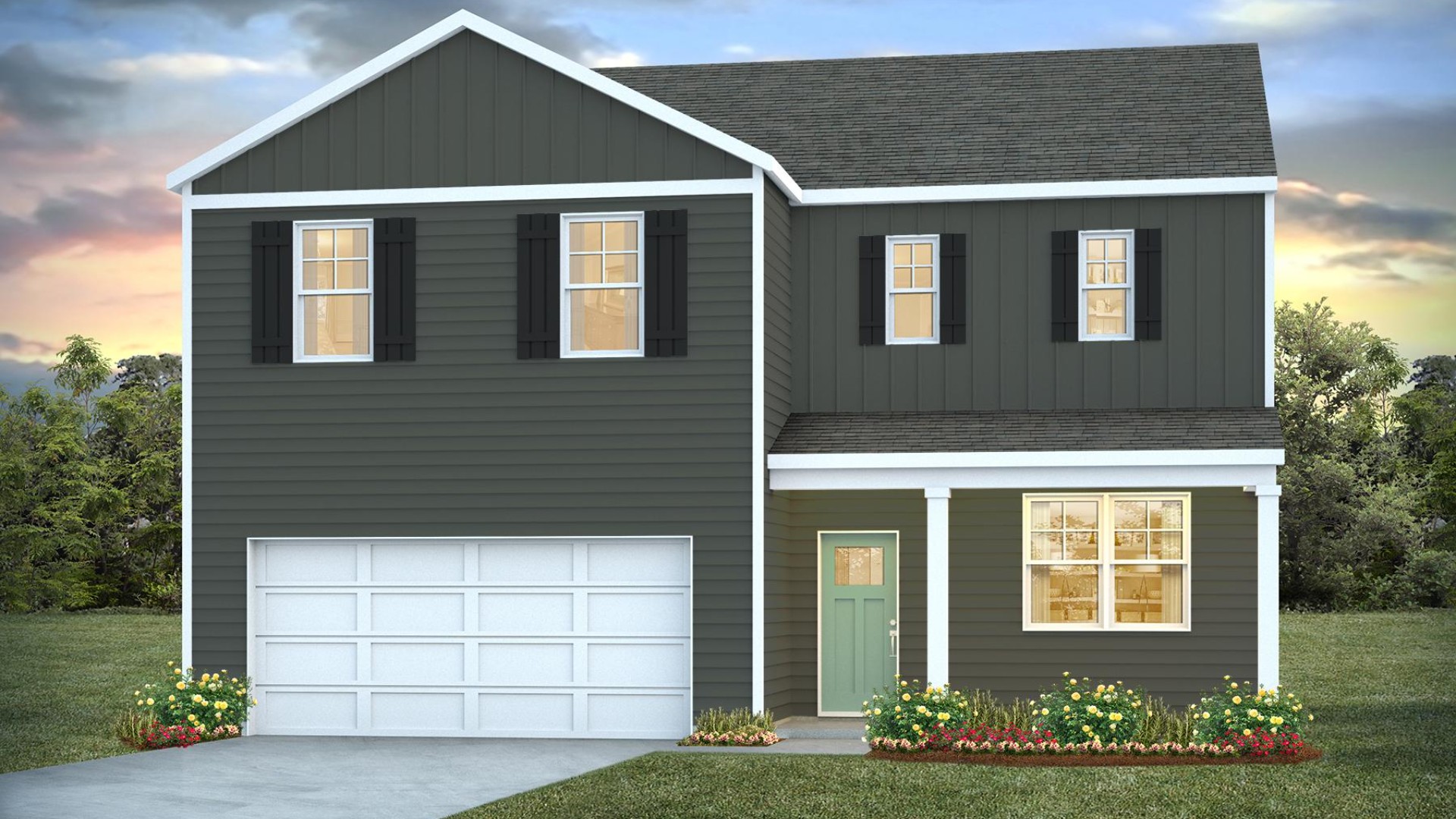 The Galen is a 2,338 sq ft home featuring 4 Bedrooms and 2.5 Baths. Its open-concept design includes a kitchen with granite countertops and stainless steel appliances, an island, and a walk-in pantry, while the large Great Room is ideal for entertaining.