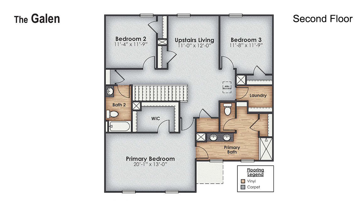 The Galen is a 2,338 sq ft home featuring 4 Bedrooms and 2.5 Baths. Its open-concept design includes a kitchen with granite countertops and stainless steel appliances, an island, and a walk-in pantry, while the large Great Room is ideal for entertaining.