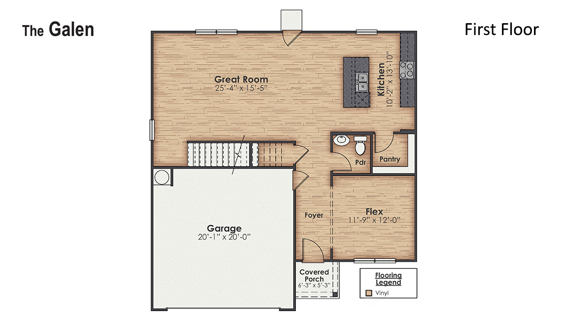 The Galen is a 2,338 sq ft home featuring 4 Bedrooms and 2.5 Baths. Its open-concept design includes a kitchen with granite countertops and stainless steel appliances, an island, and a walk-in pantry, while the large Great Room is ideal for entertaining.
