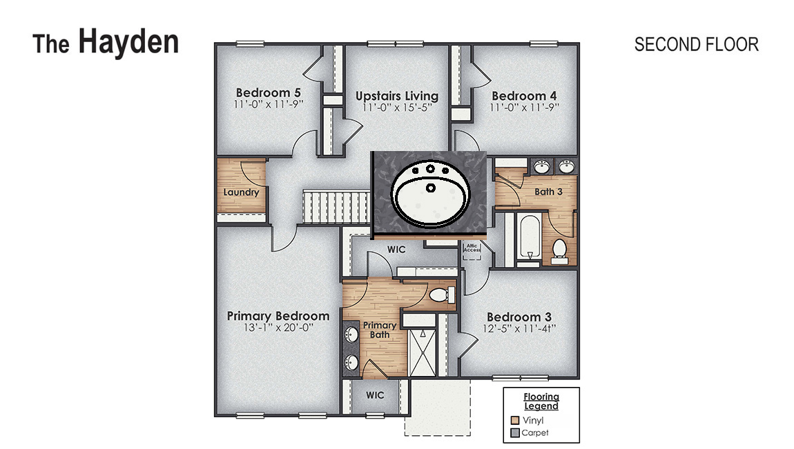 The Hayden Floorplan offers 2,511 square feet with 5 bedrooms, 3 full bathrooms. New Homes in Jacksonville NC. Smart Home Technology