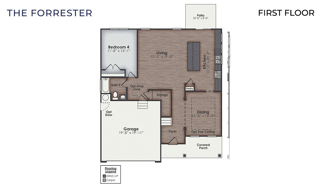 The Forrester Floorplan. The Forrester floorplan is the home for entertaining and get togethers! features a formal dining room adjoining the kitchen, large island, and open concept living space.