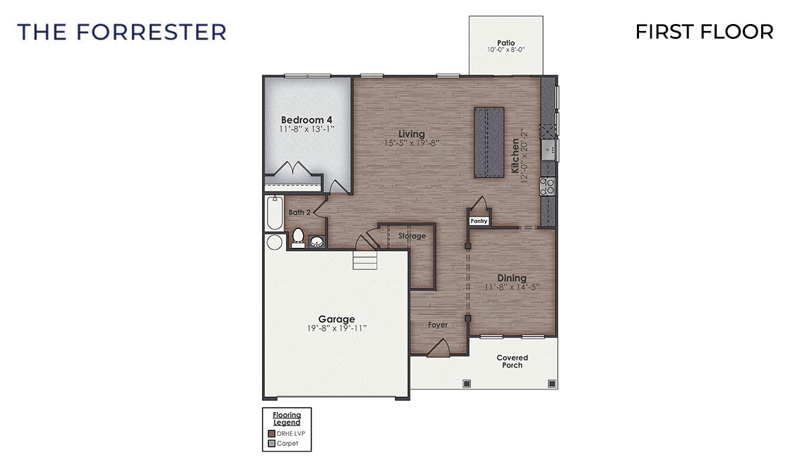 The Forrester Floorplan. The Forrester floorplan is the home for entertaining and get togethers! features a formal dining room adjoining the kitchen, large island, and open concept living space.