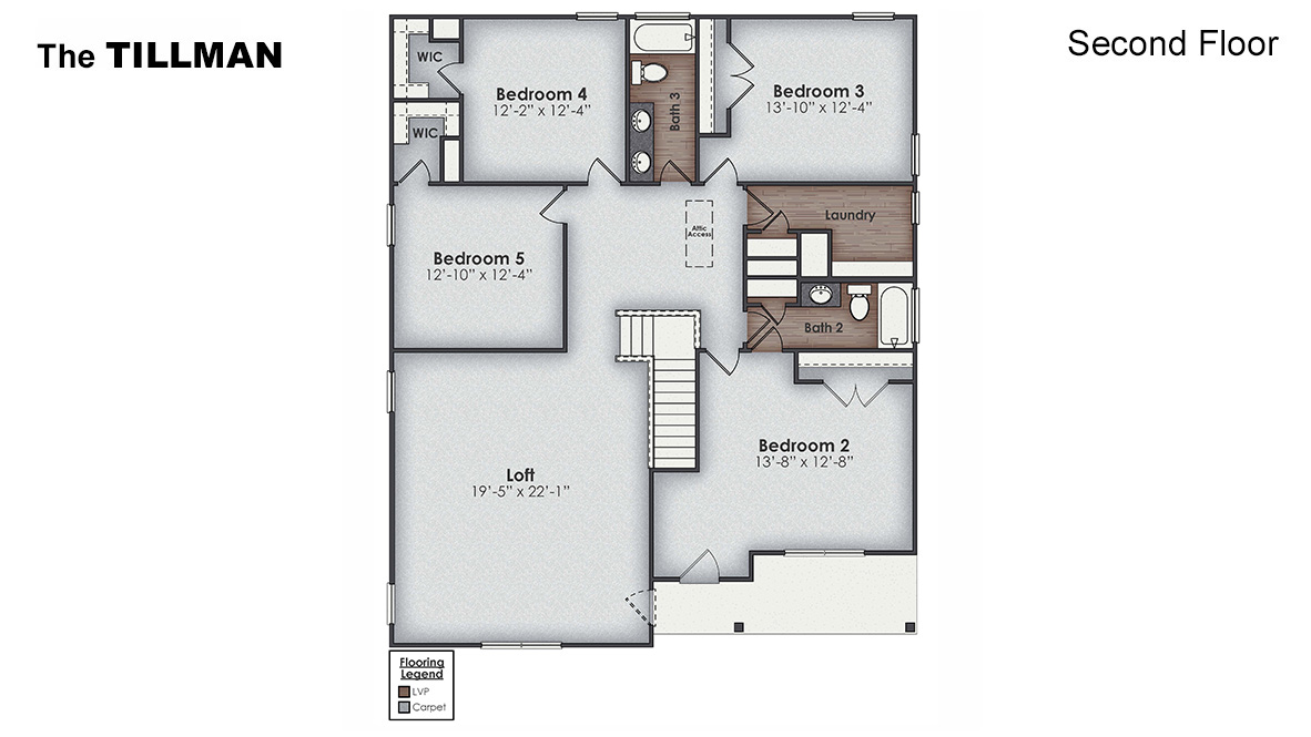 The Tillman Floor Plan is a remarkable design that spans 3,221 square feet, featuring five bedrooms and 3.5 bathrooms