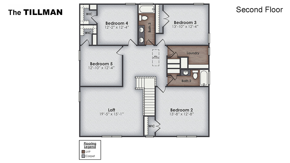 Our Tillman plan is a spacious home with 5 bedrooms and 3.5 baths, 3,113 to 3,221 square feet. The home features a spacious design with modern touches, and its wooded backyard provides stunning views and added privacy.
