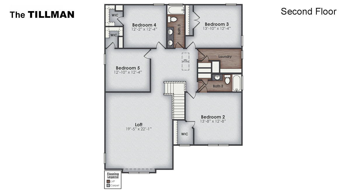 Our Tillman plan is a spacious home with 5 bedrooms and 3.5 baths, 3,022 square feet. The home features a spacious design with modern touches, and its wooded backyard provides stunning views and added privacy.