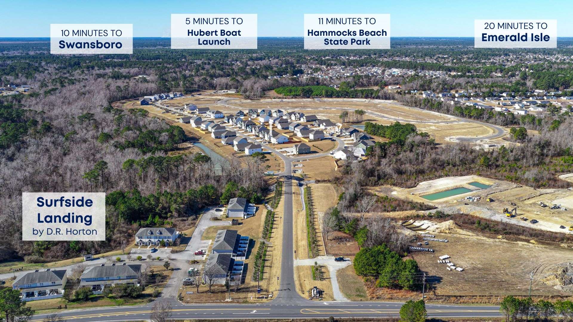 New Homes in Hubert NC. Swansboro. The Woodstock floorplan features an open concept living space with a large kitchen island, as well as a first-floor guest suite. On the second floor, you are greeted with a versatile loft space and laundry room. The primary suite boasts a substantial walk-in closet.