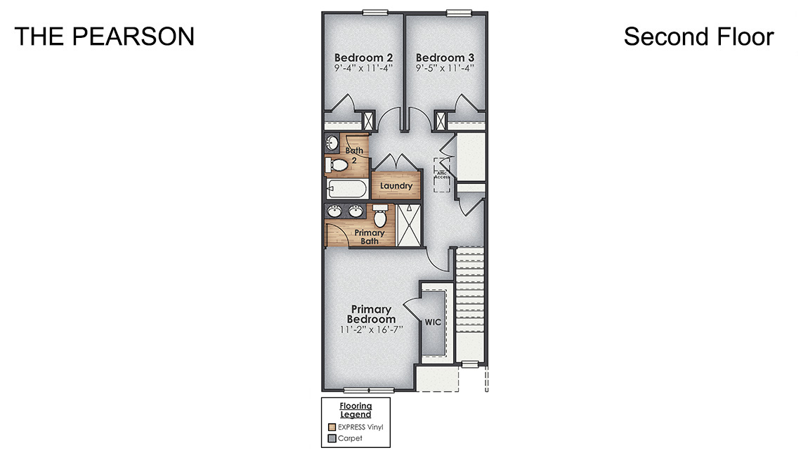 The Pearson townhome is one of our two-story floorplans featured in our Villages at Cedar Hill Landing community in Navassa, North Carolina. Inside this 3 bedroom, 2.5 bath, you'll find 1,418 square feet of living space with a single-car garage.