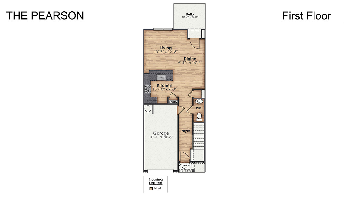 The Pearson townhome is one of our two-story floorplans featured in our Villages at Cedar Hill Landing community in Navassa, North Carolina. Inside this 3 bedroom, 2.5 bath, you'll find 1,418 square feet of living space with a single-car garage.