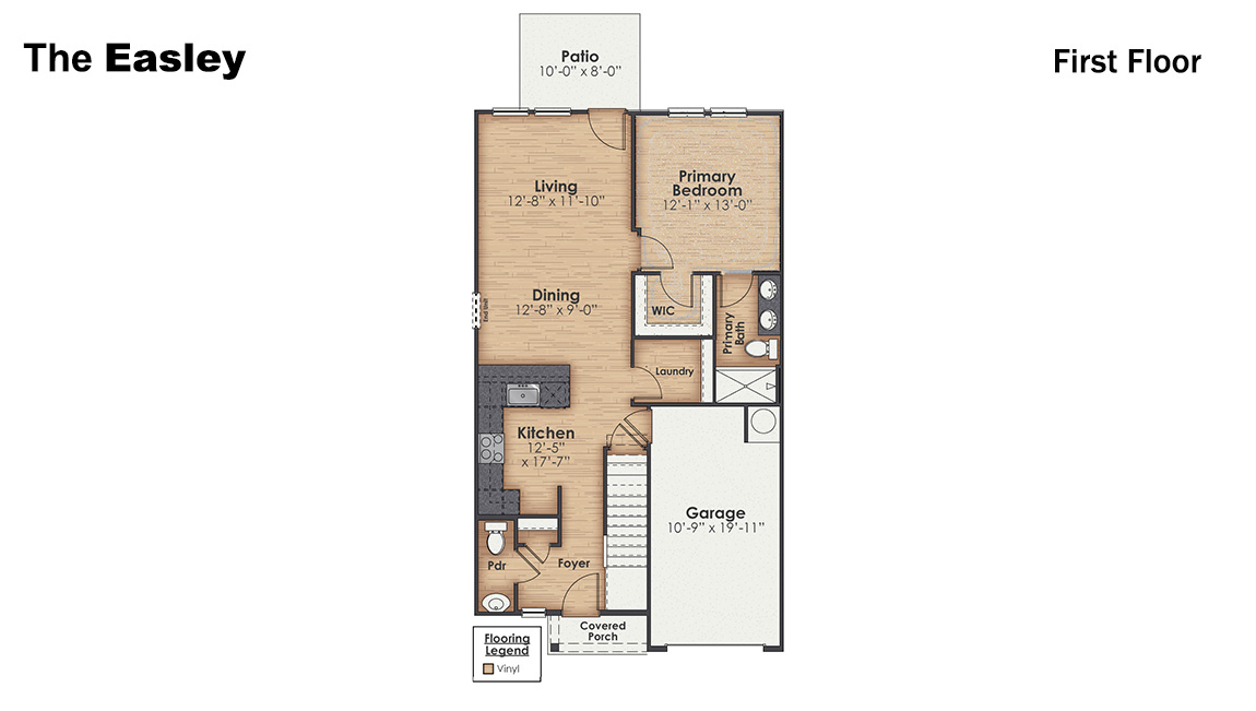 The Easley is a two-story townhome with 4 bedrooms, 2.5 Baths, and 1 car garage with 1,948 square feet of living space in a prime location! Your new home is in the Villages at Cedar Hill Landing in Navassa, North Carolina.