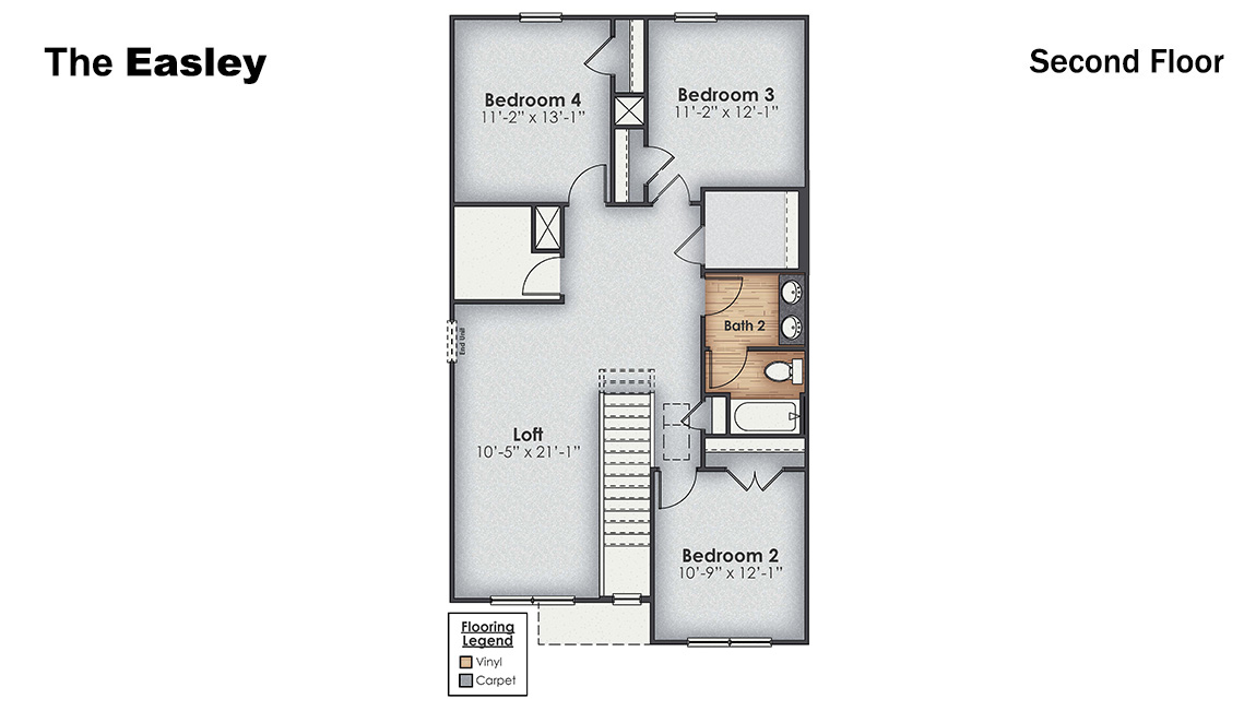 The Easley is a two-story townhome with 4 bedrooms, 2.5 Baths, and 1 car garage with 1,948 square feet of living space in a prime location! Your new home is in the Villages at Cedar Hill Landing in Navassa, North Carolina.