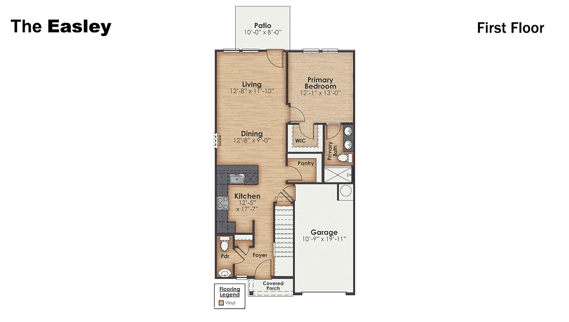 The Easley is a two-story townhome with 4 bedrooms, 2.5 Baths, and 1 car garage with 1,948 square feet of living space in a prime location! Your new home is in the Villages at Cedar Hill Landing in Navassa, North Carolina.