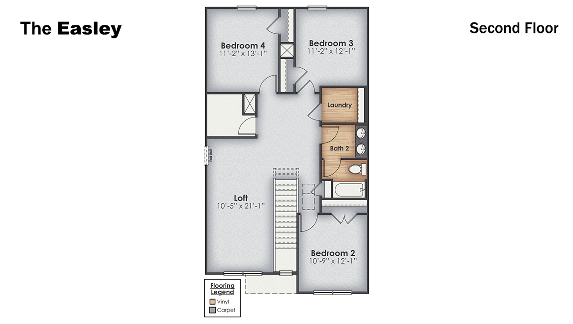 The Easley is a two-story townhome with 4 bedrooms, 2.5 Baths, and 1 car garage with 1,948 square feet of living space in a prime location! Your new home is in the Villages at Cedar Hill Landing in Navassa, North Carolina.