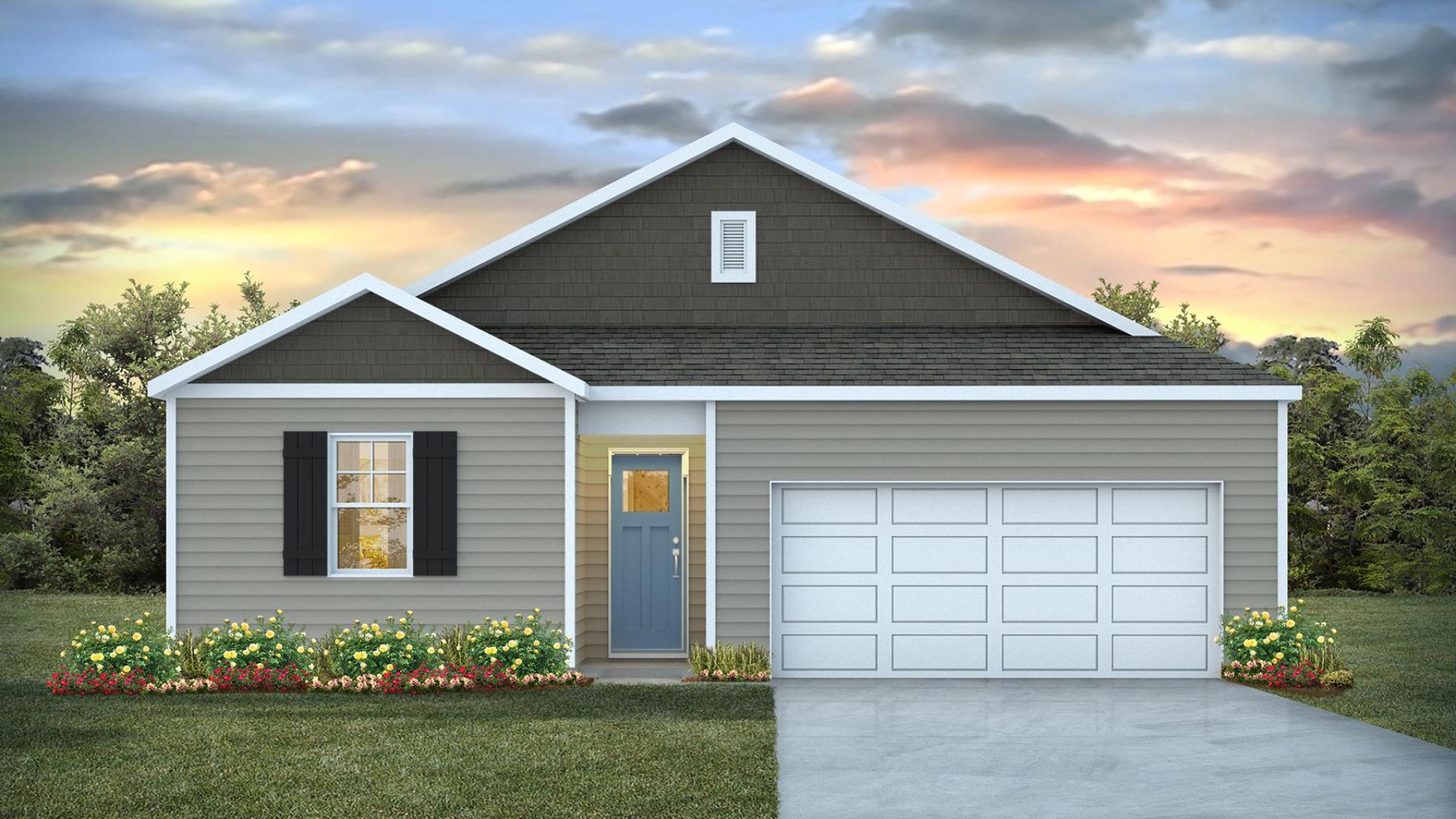 The Kerry floor plan offers open living space and a 2-car garage. At the front are two guest bedrooms and a full bathroom, perfect for visitors or a home office.