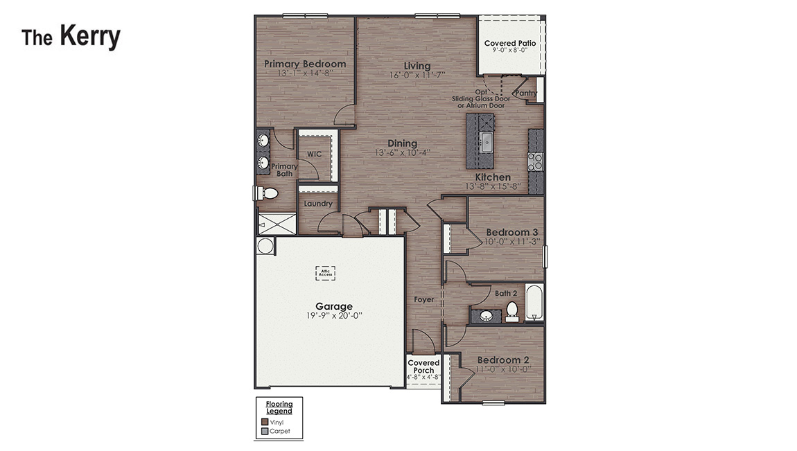 The Kerry floor plan offers open living space and a 2-car garage. At the front are two guest bedrooms and a full bathroom, perfect for visitors or a home office.