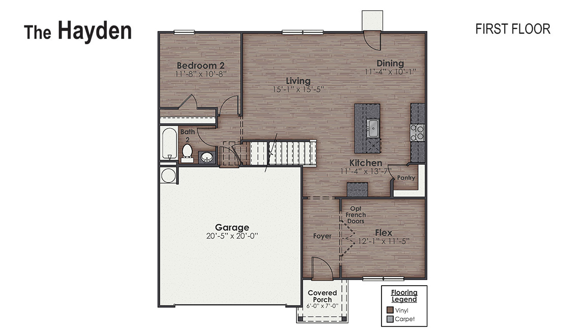 The Hayden offers 2,511 square feet with 5 bedrooms, 3 full bathrooms, 2-car garage and is one of our two-story floorplans featured in our Cedar Hill Landing community in Navassa, North Carolina. With 2 modern exteriors to choose from, the Hayden is sure to turn heads.