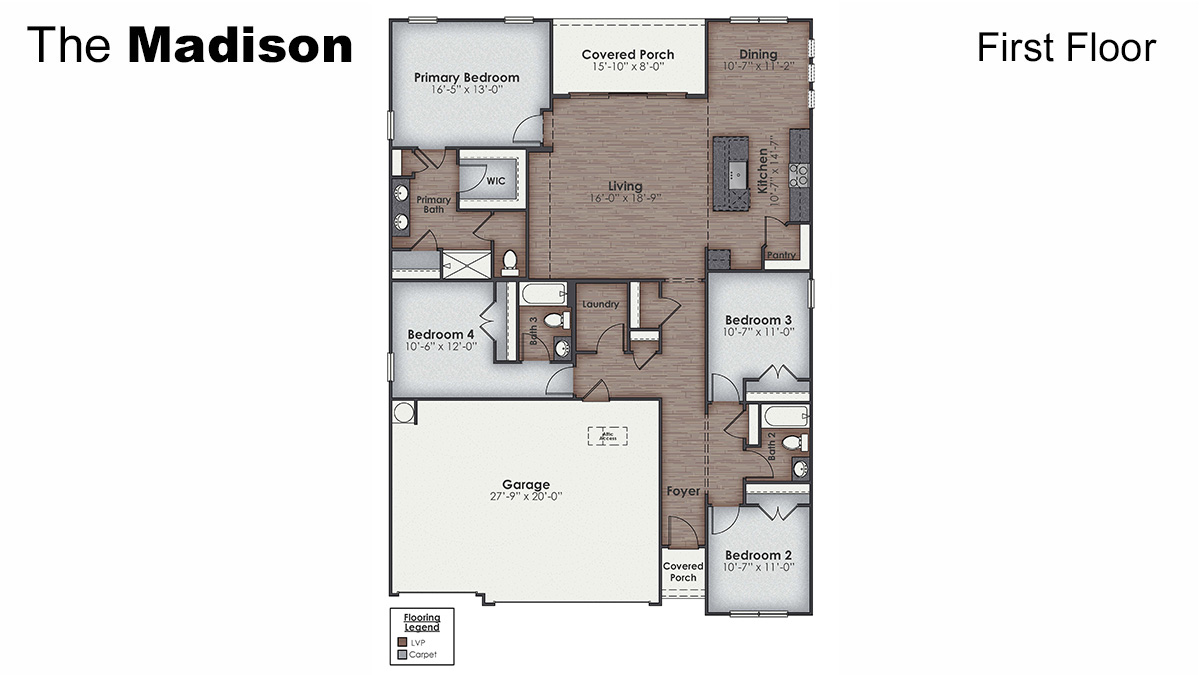 The Madison floorplan truly has it all — three-car garage, the spacious first floor features three bedrooms, including a guest ensuite, a flex room with elegant French doors, plus a bonus room and additional bedroom upstairs.