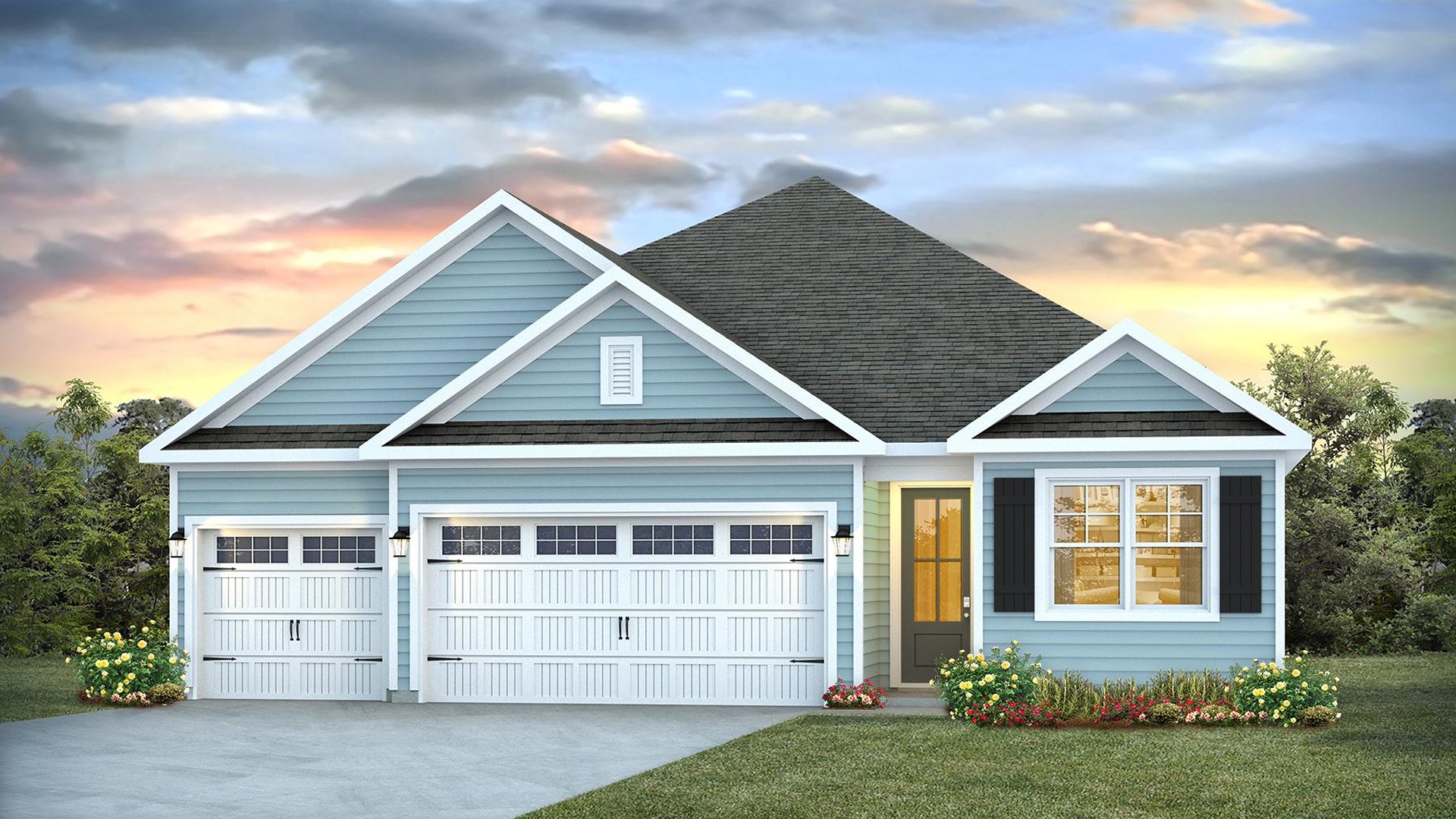 The Madison floorplan truly has it all — three-car garage, the spacious first floor features three bedrooms, including a guest ensuite, a flex room with elegant French doors, plus a bonus room and additional bedroom upstairs.