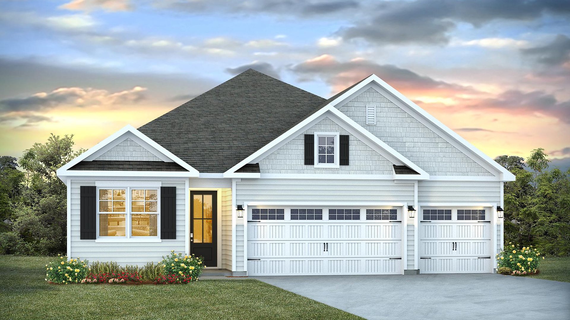 The Madison floorplan truly has it all — three-car garage, the spacious first floor features three bedrooms, including a guest ensuite, a flex room with elegant French doors, plus a bonus room and additional bedroom upstairs.