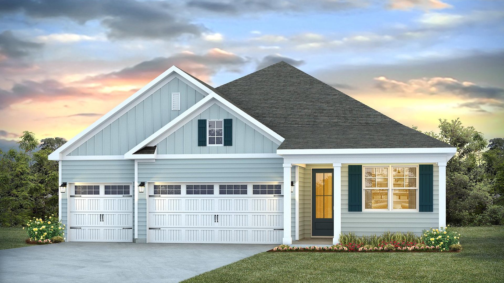 The Madison floorplan truly has it all — three-car garage, the spacious first floor features three bedrooms, including a guest ensuite, a flex room with elegant French doors, plus a bonus room and additional bedroom upstairs.