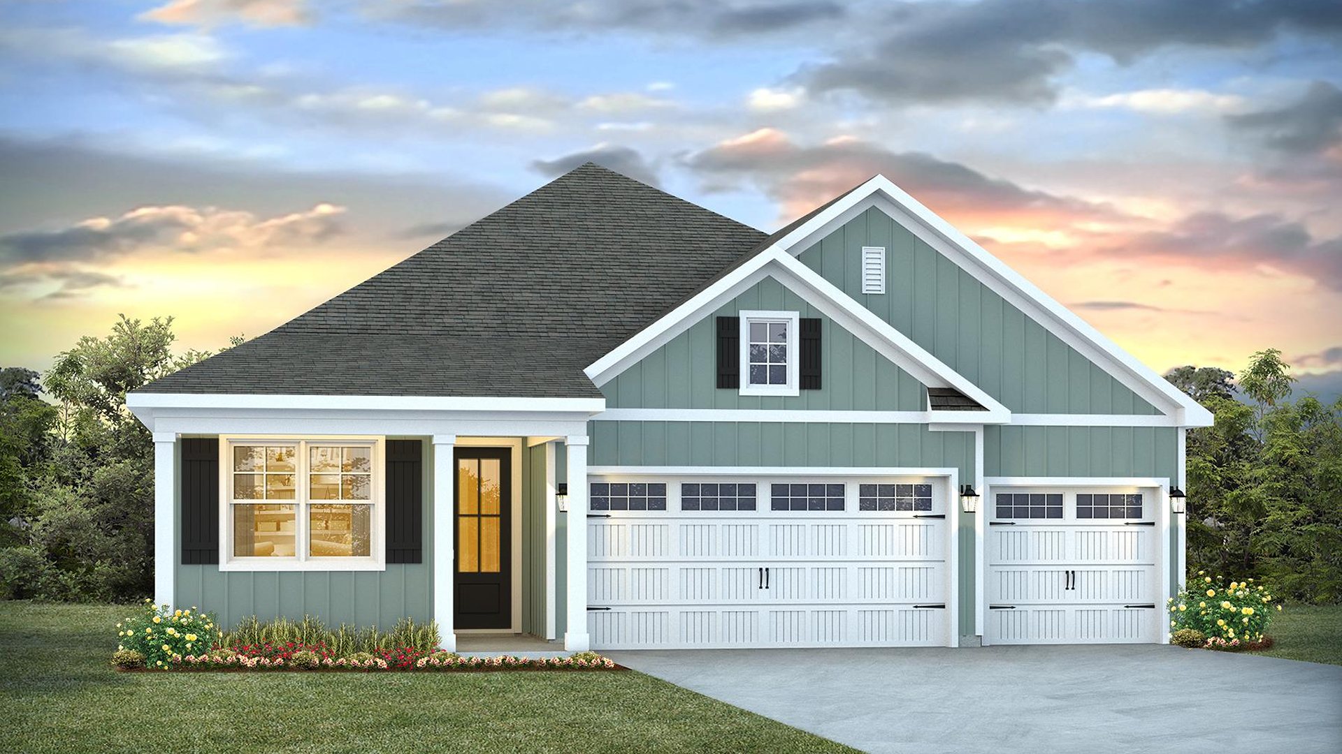 The Madison floorplan truly has it all — three-car garage, the spacious first floor features three bedrooms, including a guest ensuite, a flex room with elegant French doors, plus a bonus room and additional bedroom upstairs.