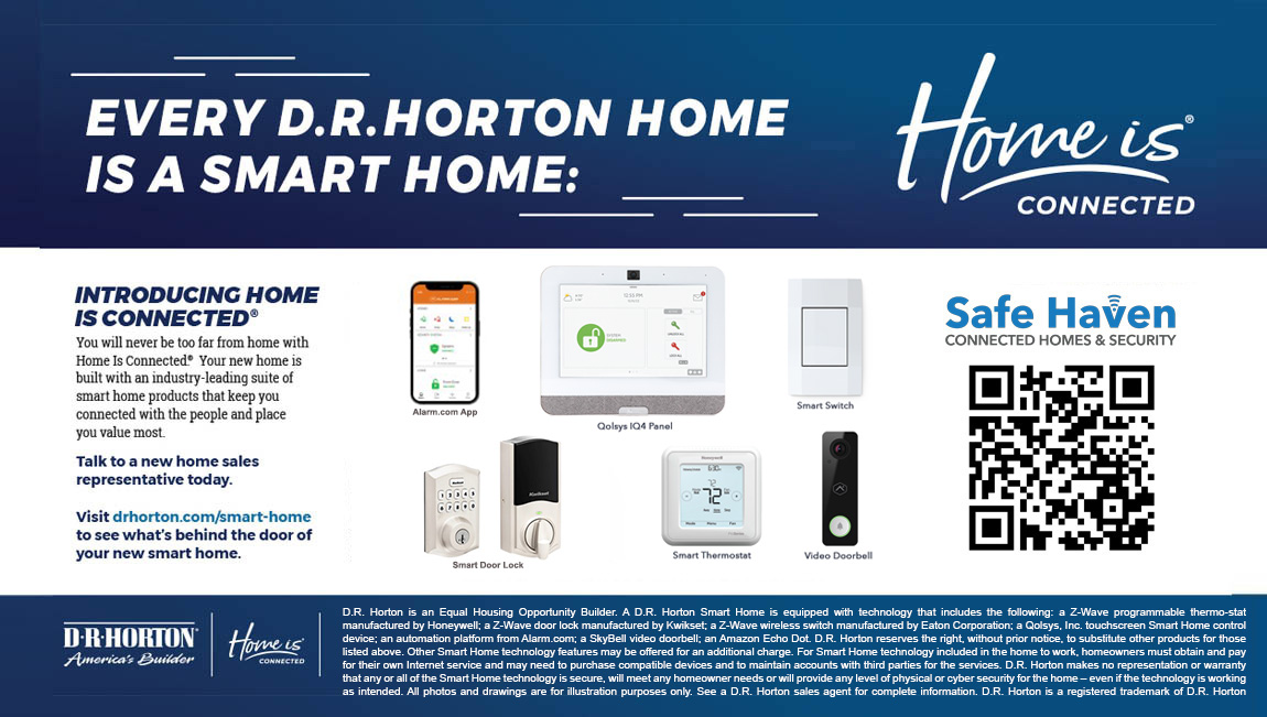 Home Is Connected® Smart Home Technology is included in your new home and comes with an industry-leading suite of smart home products including touchscreen interface, HD video doorbell, smart door lock, smart thermostat, smart light switch all controlled by smartphone app with voice!