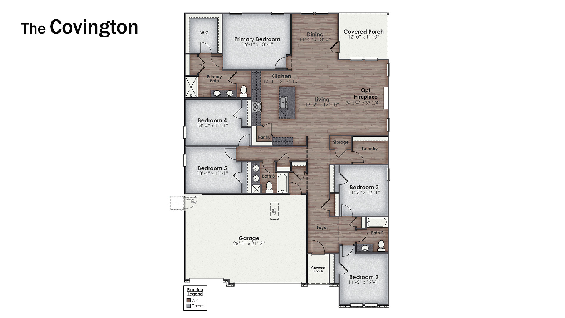 Discover the spacious Covington floorplan, a stunning single-story home designed for modern living. Featuring 5 bedrooms and 3 full bathrooms, this layout offers comfort and flexibility for every lifestyle.