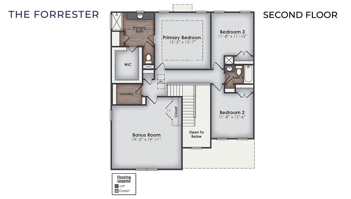 The Forrester floorplan is 4 bedroom, 3 bath with 2,644 square foot home made for entertaining and get togethers! Featuring a formal dining room adjoining the kitchen, large island, and open concept living space.