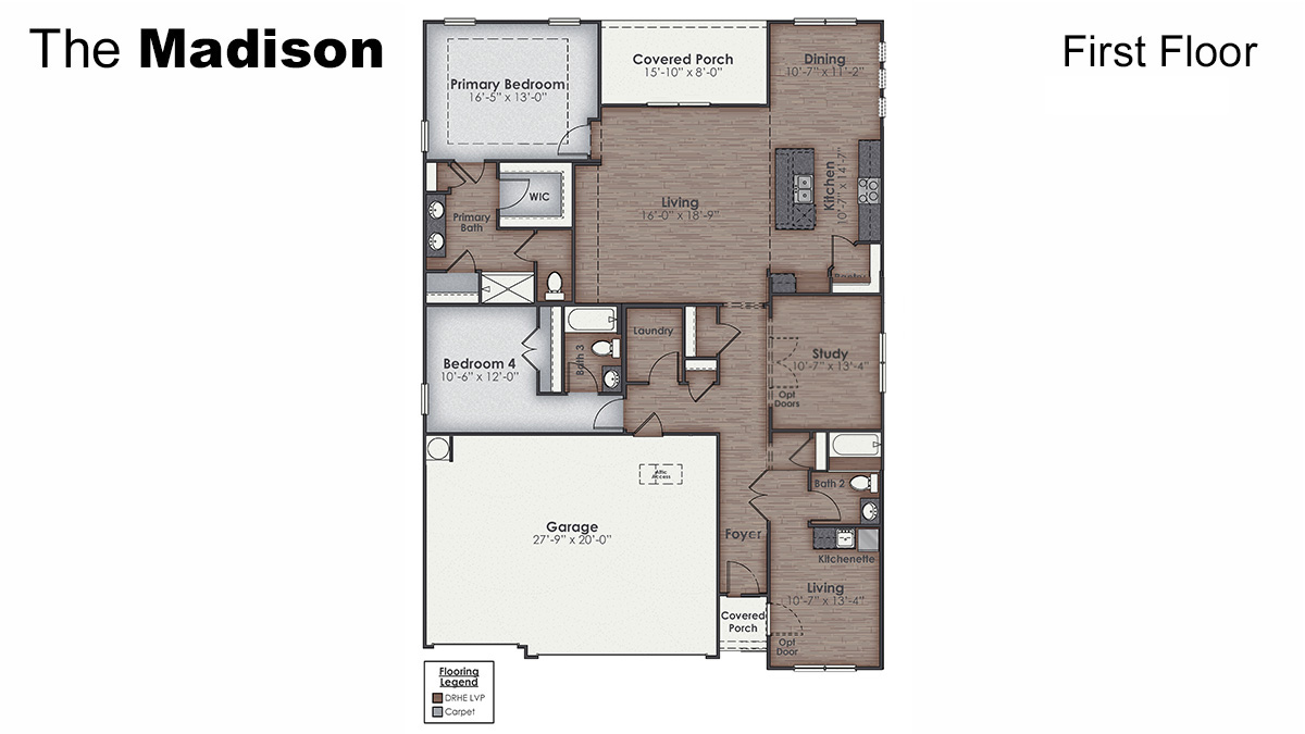 The Madison floorplan offers so much for a ranch style home. One story living with 4 bedrooms, 3 baths and 1,941 square feet of living space. There is a guest en suite, a covered screened in porch off of the main living area, and a 3-car garage.