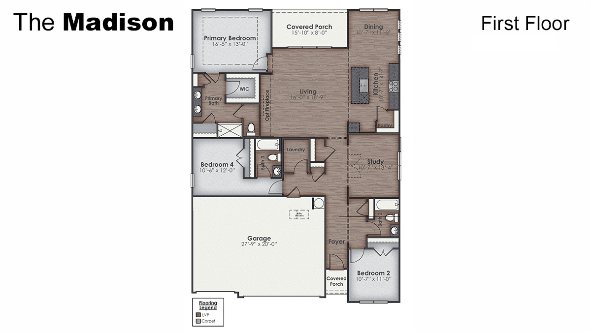 The Madison floorplan truly has it all — three-car garage, the spacious first floor features three bedrooms, including a guest ensuite, a flex room with elegant French doors, plus a bonus room and additional bedroom upstairs.