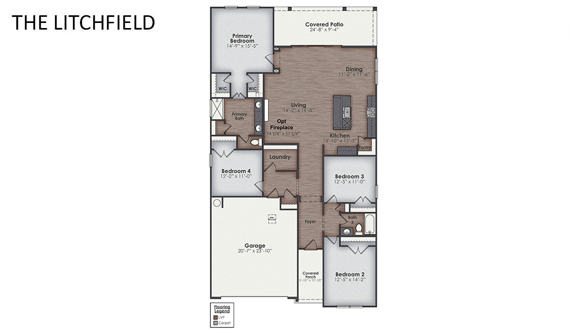 The Litchfield floorplan is perfect for one-story living and entertaining and features 11 ft ceilings. Inside this 4 bedroom, 2 bathroom home, you’ll find 2,032 square feet of comfortable living.