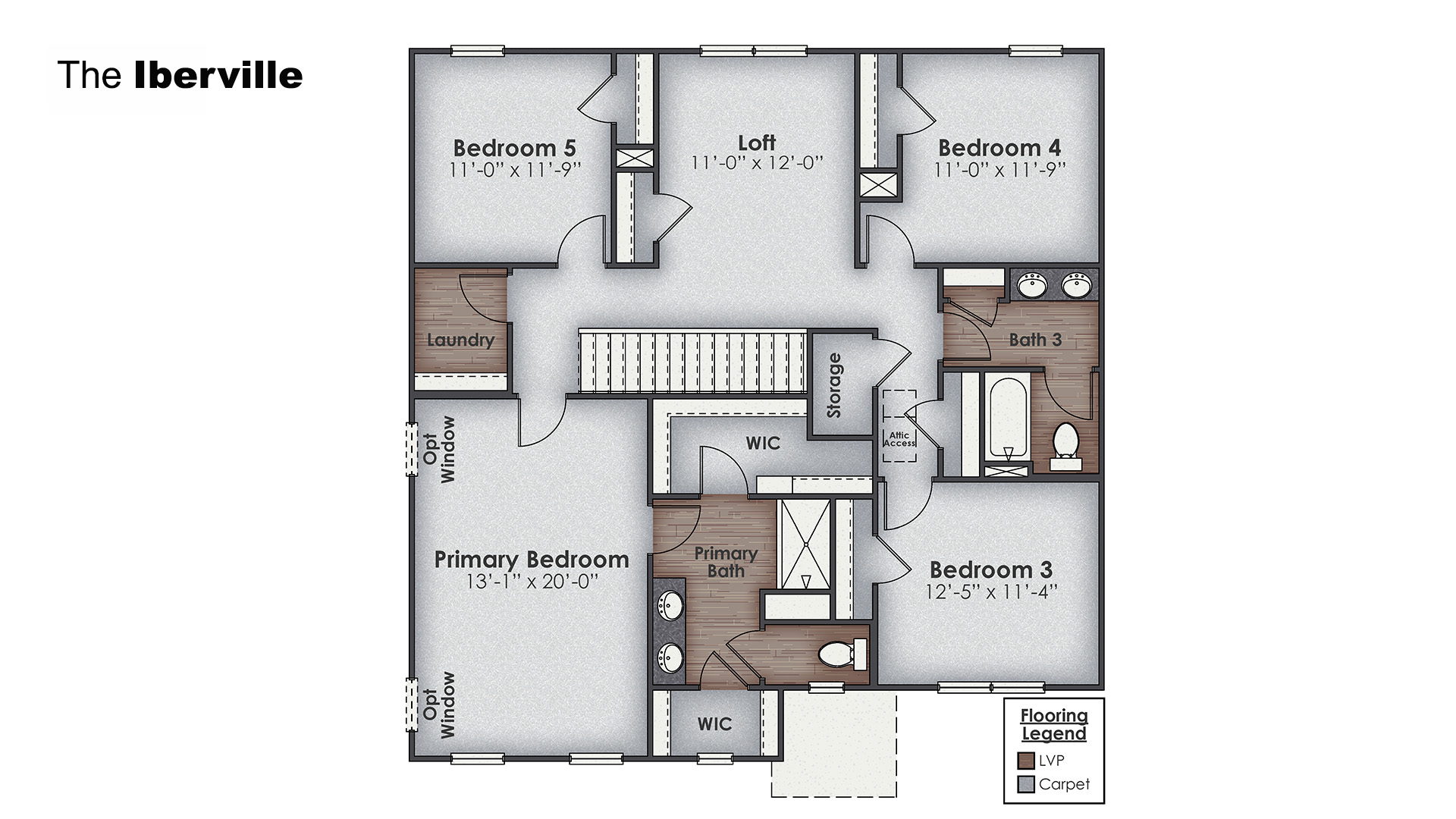 The Iberville floorplan at Cedar Hill Landing in Navassa, North Carolina is a two-story home offering 2,614 square feet of living space across 5 bedrooms and 3 full bathrooms. The 3-car garage ensures plenty of space for vehicles and storage.