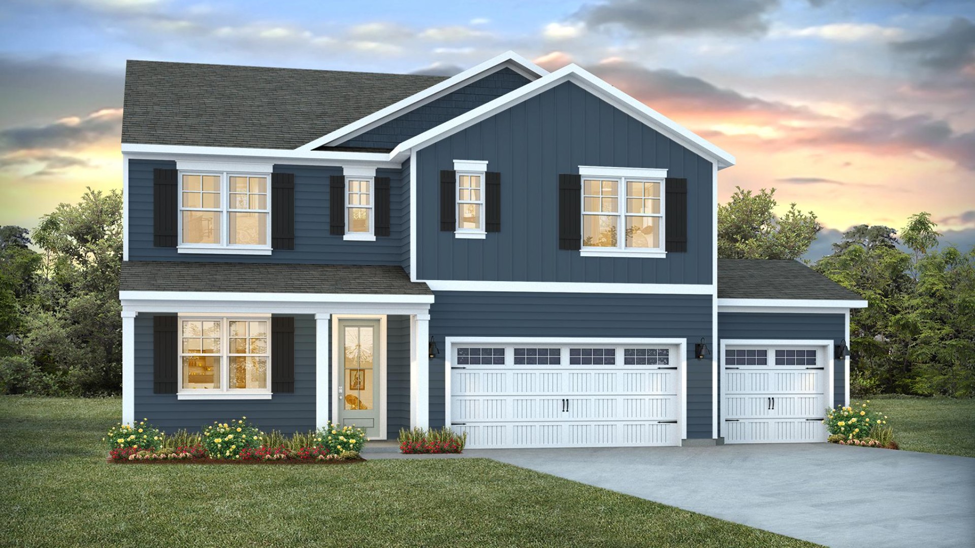 The Iberville floorplan at Cedar Hill Landing in Navassa, North Carolina is a two-story home offering 2,614 square feet of living space across 5 bedrooms and 3 full bathrooms. The 3-car garage ensures plenty of space for vehicles and storage.