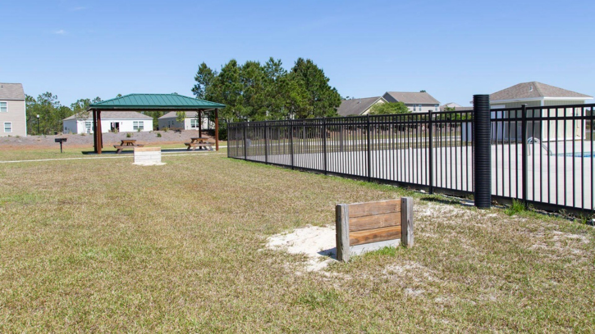Homeowners enjoy the community amenities a pool, pavilion, fire pit, playground, and grill stations.
