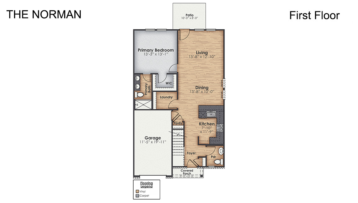 The Norman townhome with the first-floor primary bedroom is a two-story residence with 4 bedrooms and 2.5 baths, 1,763 sq ft, 1-car garage located in Leland, North Carolina in our Townes at SeaBrooke community.