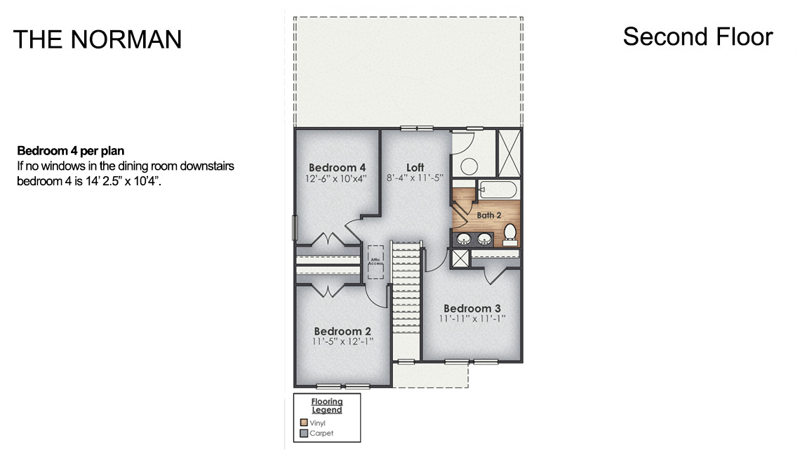 The Norman townhome with the first-floor primary bedroom is a two-story residence with 4 bedrooms and 2.5 baths, 1,763 sq ft, 1-car garage located in Leland, North Carolina in our Townes at SeaBrooke community.