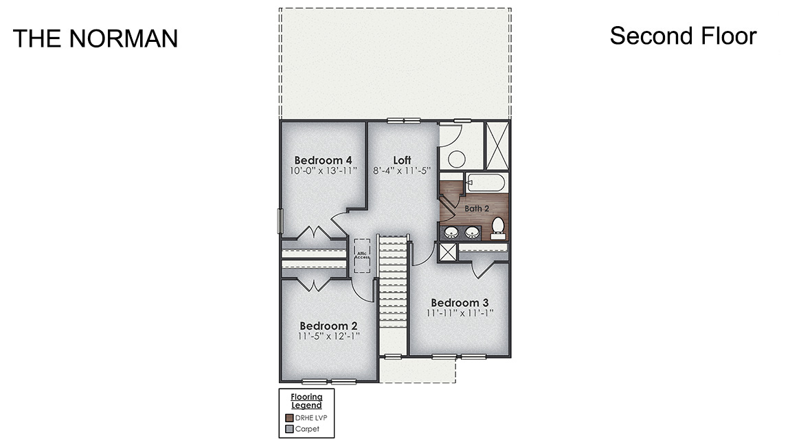 The Norman is a two-story townhome featuring 3 bedrooms, 2.5 baths. The first floor offers a spacious kitchen