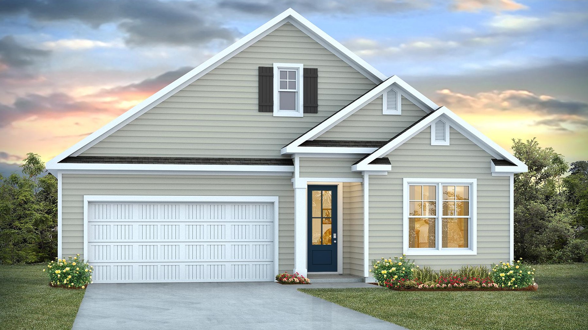 There's 3 bedrooms, open flex room with french doors, and 2 full bathrooms, a 45-degree angle pantry for ample food storage,