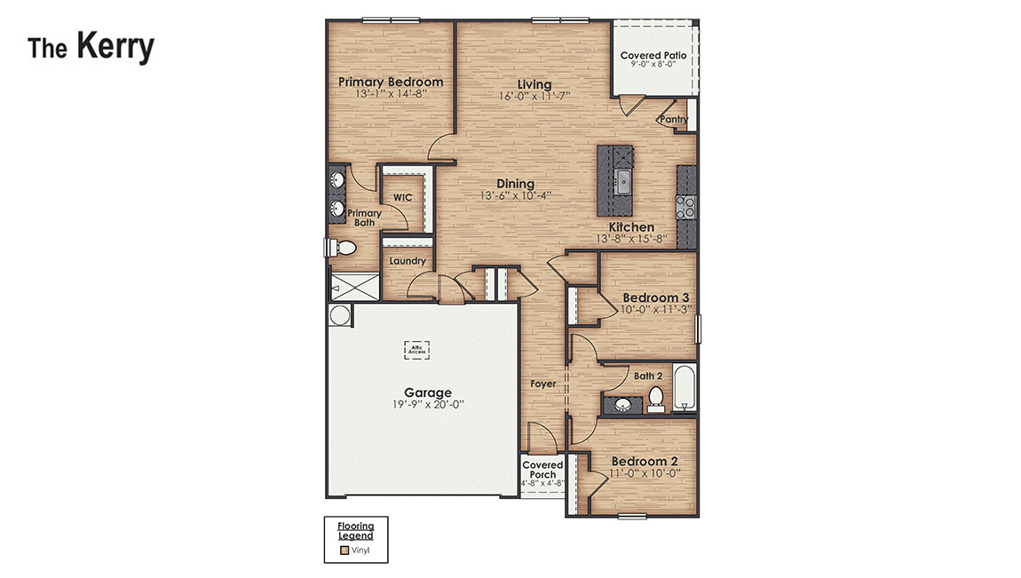 The Kerry floor plan offers 3 bedrooms, 2 baths, 1,476 sq ft of open living space and a 2-car garage. This home is located in Bolivia, NC in our Halls Creek community.