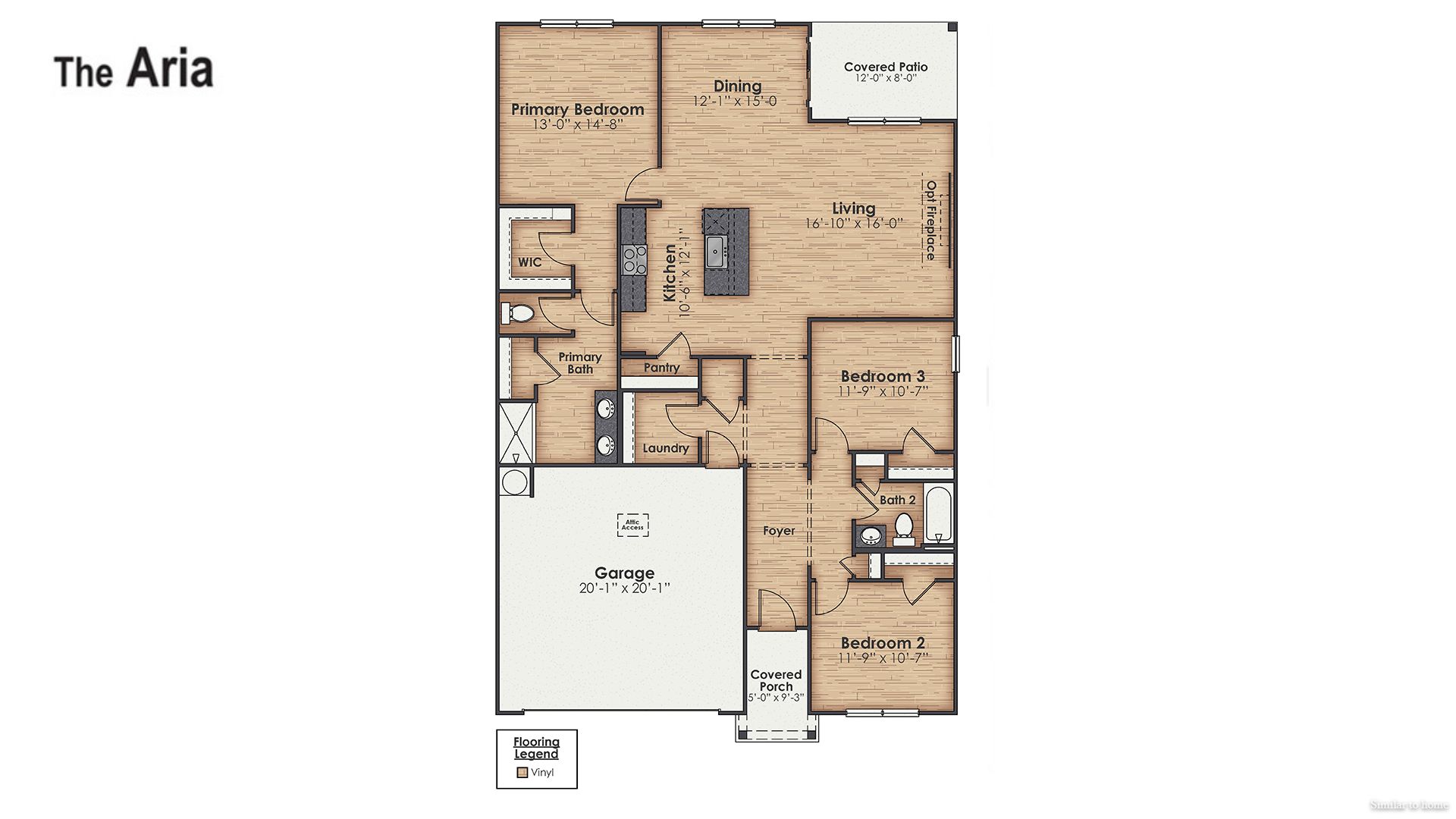 The Aria is a 3-bedroom, 2-bathroom home with 1,618 square feet of open living space.