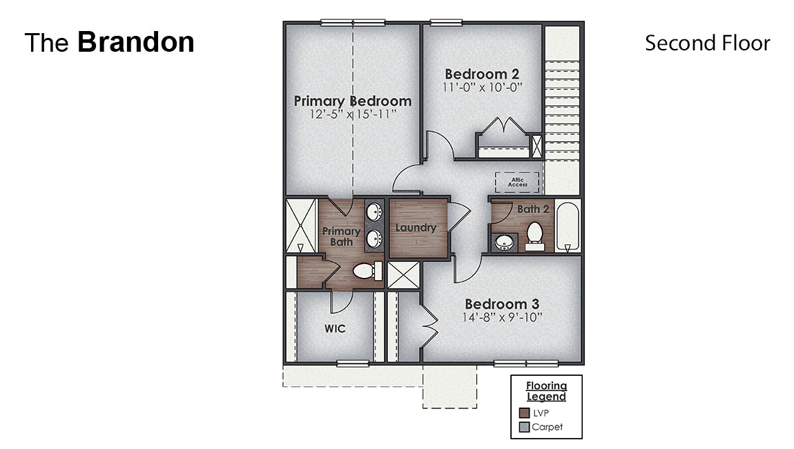 The Brandon is a beautiful 2-story home located in our Rolling Hills community in Bolivia, North Carolina. Inside the 3-bedroom, 2.5-bathroom home, you'll find 1,518 square feet of comfortable living. This is a great home for a first-time owner or even a move-up buyer!